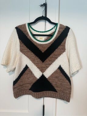 Maeve Short Sleeve Geometric Sweater in Cream, Brown & Black